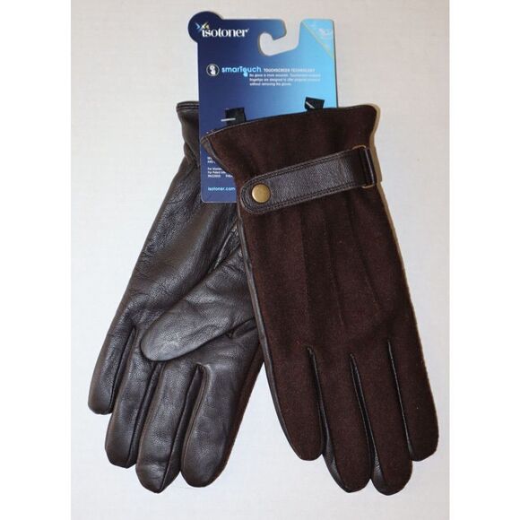 Isotoner 714M1 Men's Sz L Saddle Brown SmarTouch Flannel & Leather Gloves - Picture 2 of 5